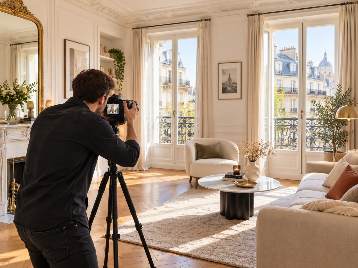 Photographe immobilier réalisant un shooting professionnel dans un appartement lumineux