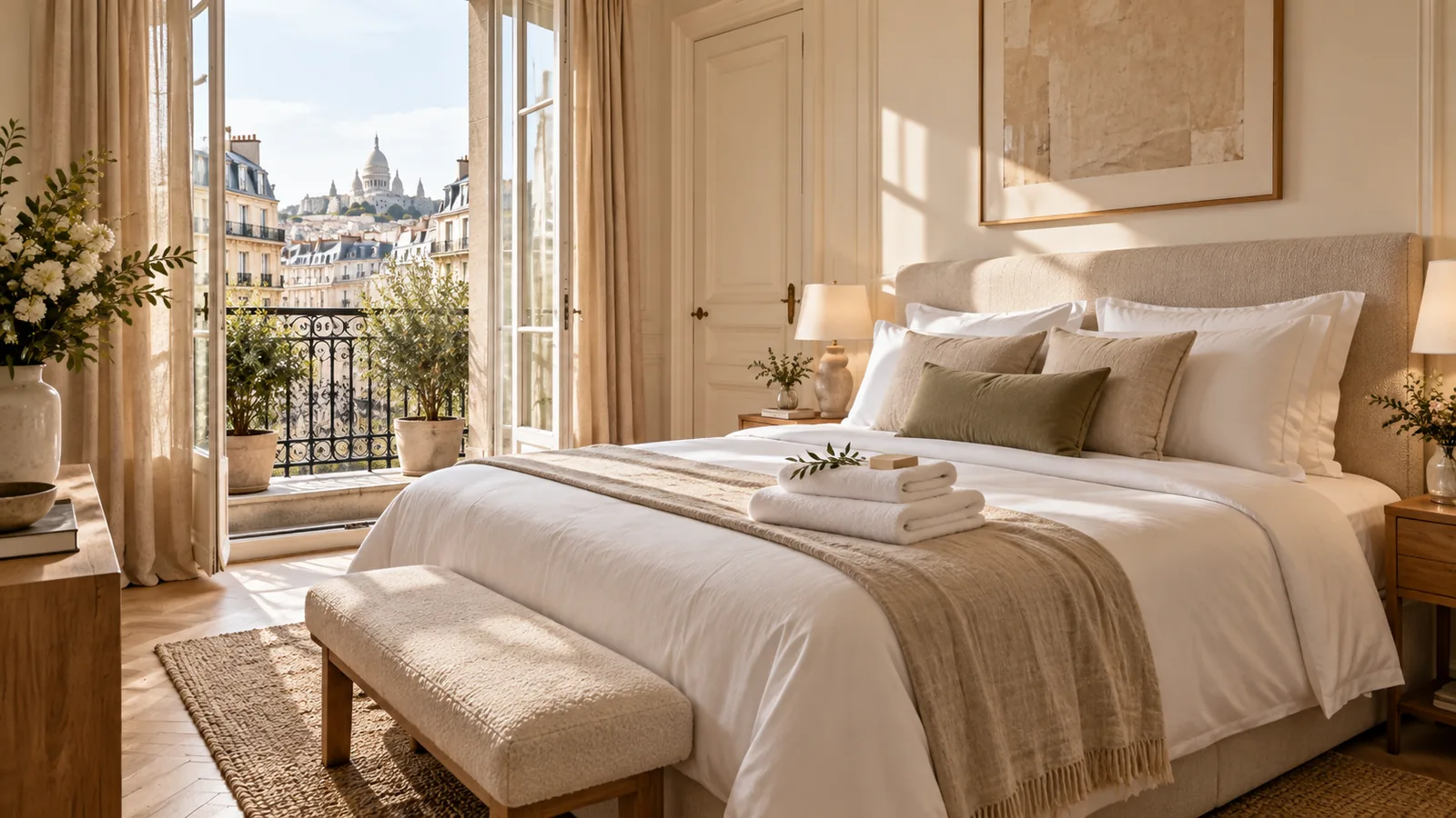 Chambre préparée avec linge blanc de qualité hôtelière